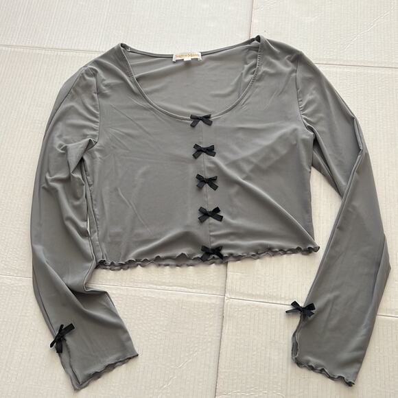 Sugar Moon Gray Mesh Bow Top XL Long Sleeve Ruffle Edge Coquette Y2K Crop - Picture 1 of 11